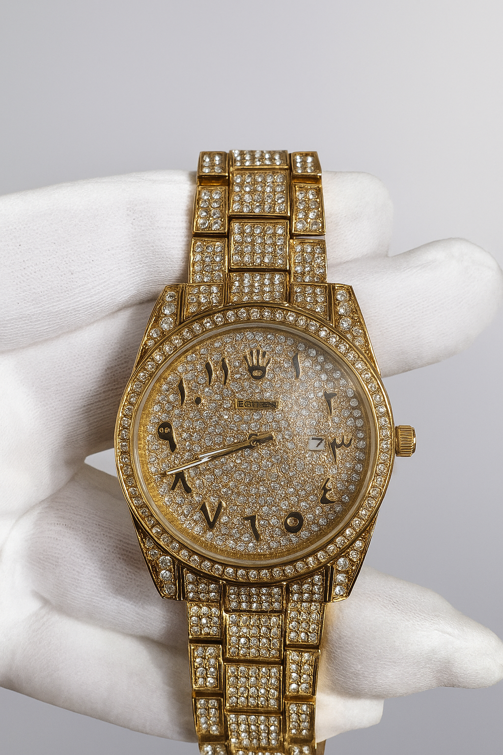 Premium Iced-Out Arabic Dial Watch for Men | Gold & Silver Luxury Timepiece