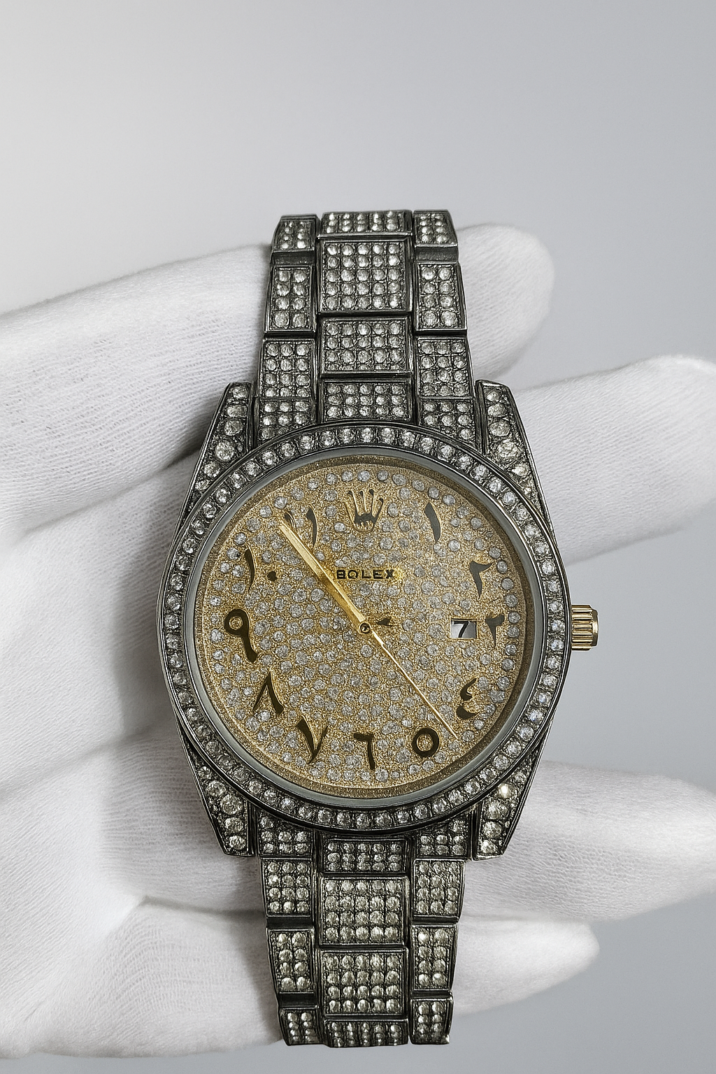 Premium Iced-Out Arabic Dial Watch for Men | Gold & Silver Luxury Timepiece